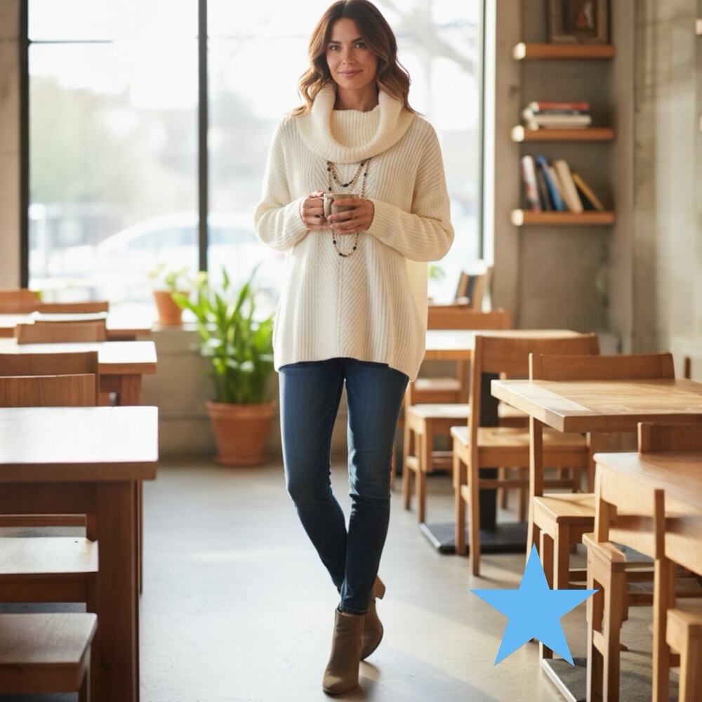 Antonio Melani Cream Cowl Neck Shaker Knit Acrylic Wool Sweater Womens L 10 12